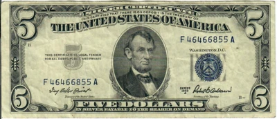 1953A 5$ Silver Certificate - Blue Seal - IBP/RBA F46466855A - #13612 - Image 1 of 2