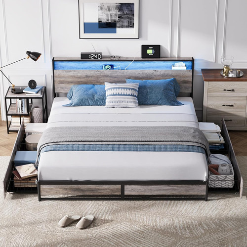 LINSY King Size Bed Frame with 4 Drawers & Ergonomic Headboard, King