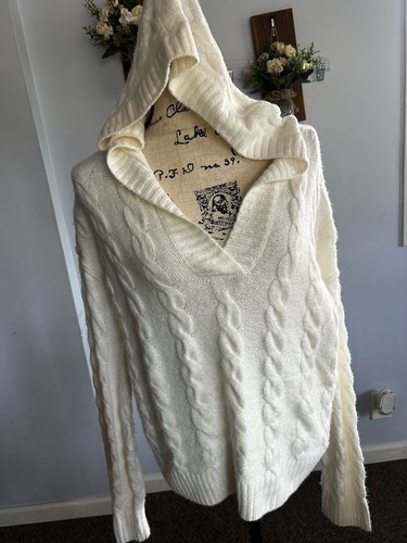 OFF WHITE So Maglione Donna Felpa Con Cappuccio Intrecciato Maglia Avorio Super Morbido Preppy Cottage M