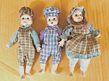 3 Farmhouse Country Dolls Ceramic Limbs Heads Cotton Fabric Handstitched
