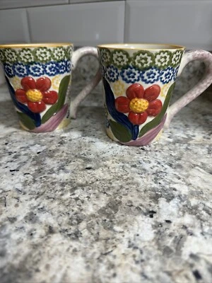 Set of 2 Temptations By Tara Old World Mugs 12 Oz. Red & Yellow Flower - Image 1 of 4