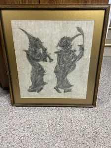 Vtg Charcoal Rubbing Thai Temple Art on Rice Paper Professionally Framed Asian - Picture 1 of 6