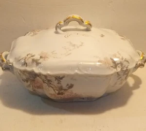 H&C Limoges France Handpainted Scalloped Edge Serving Dish w lid early 1900s - Picture 1 of 12