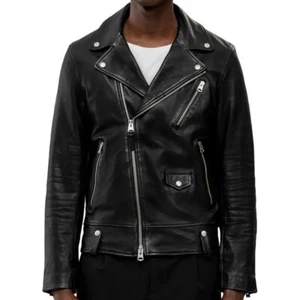 Men Black Heavy Buffalo Leather Jacket Motorcycle Style Zipper Pockets Jackets - Picture 1 of 4