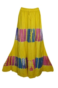 Boho Hippy Gypsy Women's Yellow Tie Dye Long Skirt Flared Rayon Maxi Skirts S/M