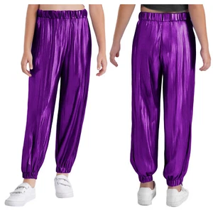 Kids Girls Jazz Dance Metallic Shiny Ribbed Pants Stage Performance Costume  - Picture 1 of 101