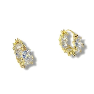Gold Tone Hoop Earrings Square Rhinestone Pierced Sparkle Evening Elegant Party - Picture 1 of 10