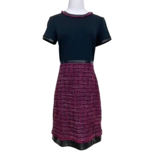 KARL LAGERFELD BLACK BURGUNDY TWEED WOOL BLEND FAUX LEATHER COMBO DRESS - 2 - Picture 1 of 9