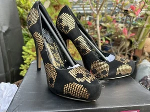 Puño de Hierro Dorado Lentejuelas Calavera Zapatos Talla 8 Gótico Tacones Altos Nuevos Halloween - Imagen 1 de 10