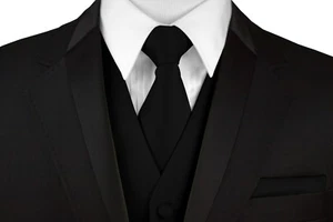 Men's Black Satin Formal Tuxedo Vest, Tie & Hankie Set Wedding, Prom, Homecoming - Picture 1 of 4