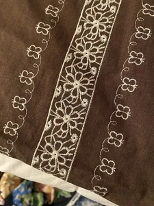 60s Prairie Dress Cotton Fabric white embroidered FLORALS on BROWN BTY 52" BOHO - Picture 1 of 8