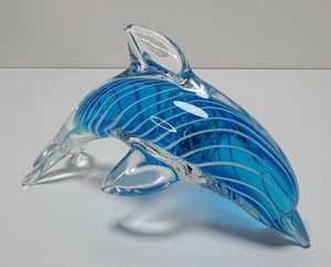 Hand Blown Art Glass Dolphin Blue Clear Figurine Paperweight Decor Nautical 6" - Picture 1 of 9