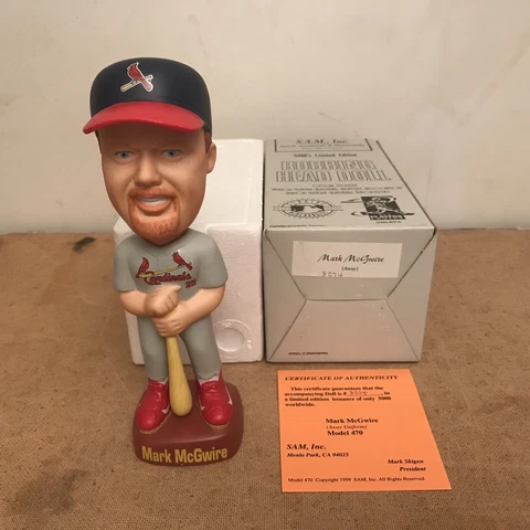 MARK McGWIRE 1999 BOBBLE HEAD ORIGINAL BOX Sam #/5000 COA Cardinals Away Rare Cover