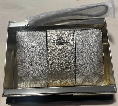 Coach F38655 Gold Metallic Signature Corner Zip With Stripe Wristlet Purse NWT - Image 1 of 4
