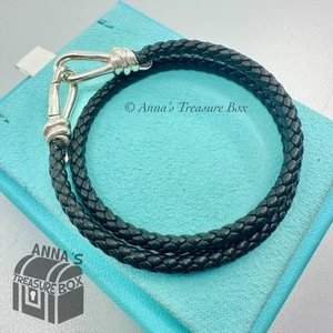 Tiffany & Co. 925 Silber Picasso schwarz geflochten Leder doppelt gewickelt 7" Armband - Bild 1 von 6