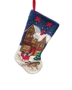 Nadel gehäkelt Weihnachtsstrumpf Feiertage Winterszene Familie Pferd Buggyfahrt - Bild 1 von 9