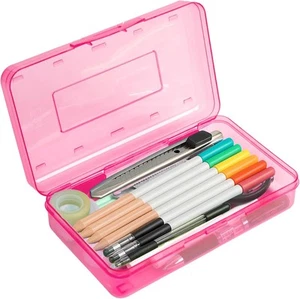 Pink Clear Large Plastic Hard Pencil Box Case for Girls Boys, Crayon - Picture 1 of 7