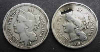 USA 1865 & 1871  THREE CENT SPACE FILLERS WORLDWIDE FREE SHIPPING - Image 1 of 2