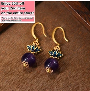 Natural Purple Crystal Drop Earrings Gemstone Dangle 18K Gold Plated Boho Chic - Picture 1 of 6