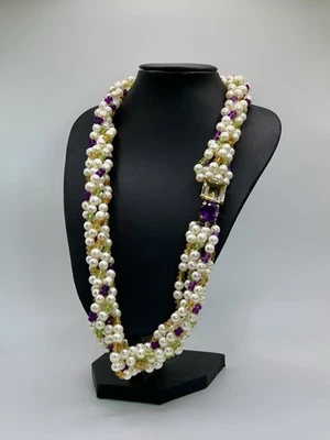 Collana Multi Filo Vintage Pietre Preziose Ametista Peridoto Citrino Idea Regalo - Immagine 1 di 4