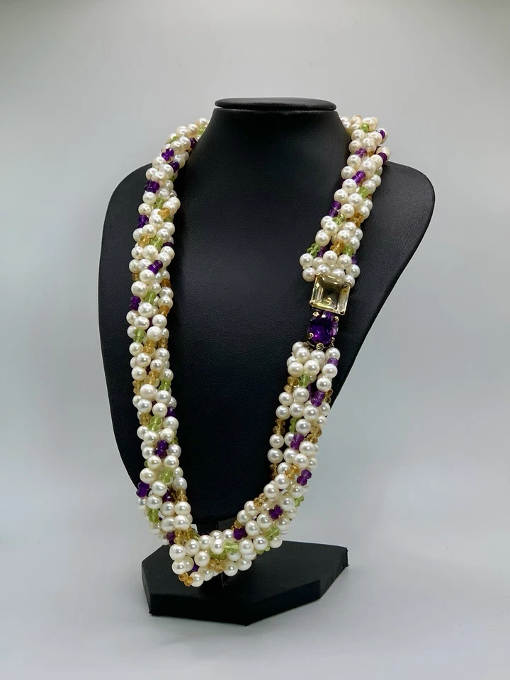Collana Multi Filo Vintage Pietre Preziose Ametista Peridoto Citrino Idea Regalo - Immagine 1 di 4