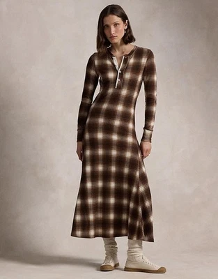 RALPH LAUREN PLAID WAFFLE KNIT HENLEY MAXI DRESS XS BROWN IVORY RRP £269 - Image 1 of 4
