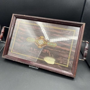 Vintage Double Handled Wood Serving Tray Geometric Design Under Framed Glass - Picture 1 of 7