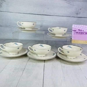 MCM Syracuse China CELESTE Blue Leaves White Platinum Trim Cups Saucers Set of 5 - Picture 1 of 22