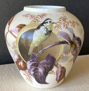 Antique TISCHER Porcelain Vase Hand Painted Bird Purple Gold Foliage Leaves 4.5” - Picture 1 of 12