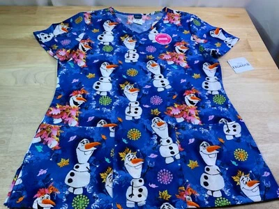 New Women’s Disney Frozen Scrub Top with Olaf Playing in Fall Leaves—VERY CUTE!* - Image 1 of 4