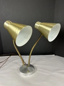 MCM Metal Gooseneck Double Shade Desk Or Wall Lamp Brushed Brass Aluminum - Picture 1 of 12