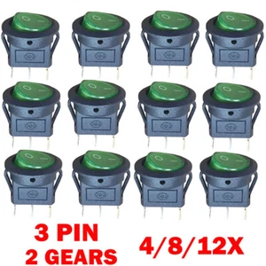 4/8/12PC For SPST 3 Pin ON/OFF Round Rocker Switch With Green Neon Lamp 20mm USA - Picture 1 of 11