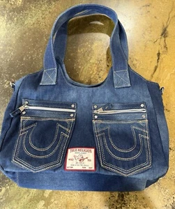 TRUE RELIGION DARK DENIM YELLOW STITCH TOTE BAG - Picture 1 of 13
