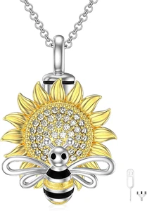 Bee Sunflower Cremation Urn Necklace for Ashes Keepsake Memorial Sterling Silver - Picture 1 of 8