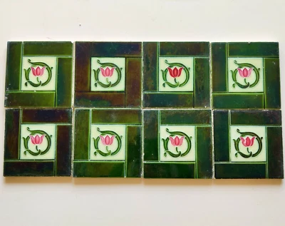 Azulejo de arquitectura Art Nouveau mayólica diseño floral vintage Inglaterra 8 piezas CT245 Foto 1 de 4