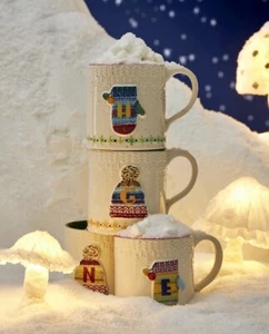 NEW ANTHROPOLOGIE COFFEE TEA LATTE MUG CUP BUNDLED UP MONOGRAM LETTER E HOLIDAY - Picture 1 of 12