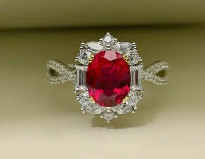 3Ct Oval Cut Lab Created Red Ruby Halo Engagement Ring In 14K White Gold Plated - Image 1 of 4