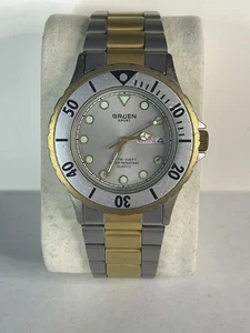 Two Tone Gruen Sport Stainless Steel Gold Tone Quartz Men’s Watch New Battery - Picture 1 of 6
