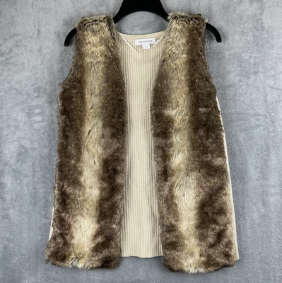 Chaleco Liz Claiborne Mujer Pequeño Marrón Imitación Piel Crema Suéter Bolsillos Abiertos Foto 1 de 4