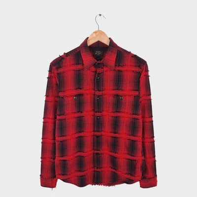 BEAMS PLUS Men's Buffalo Check Fringed Grunge Plaid Shirt - Size M - Image 1 of 4