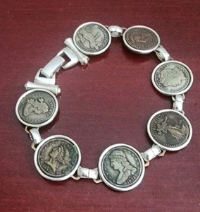 VINTAGE STERLING SILVER UNITED STATES COINS REPLICA LINK BRACELET. 8.2". 29GRS - Picture 1 of 15