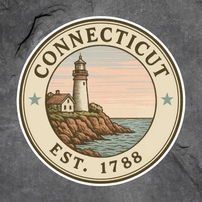 BUMBLEBEE APPAREL Connecticut sticker vinyl decal lighthouse ocean coast sunrise retro art