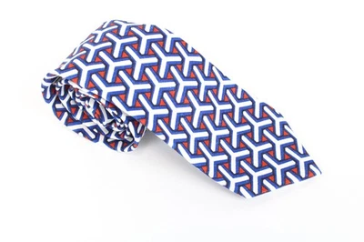 SUITSUPPLY Men Tie 148 x 8 cm Blue Graphic Linen Cotton Mix Pointed-End - Image 1 of 4