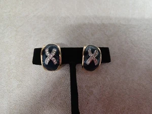 Vintage Ivana Trump Goldtone Crisscross Rhinestone Blue Enamel Earrings - Picture 1 of 6