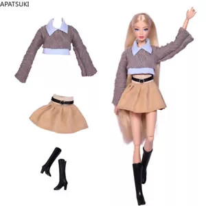 Fashion Clothes Set For 11.5in. Doll Outfits Sweater Crop Top Khaki Skirt Boots - Picture 1 of 2
