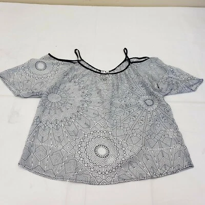 Womens Living Doll Navy White Blouse Sheer Size Medium Geometric Pattern B4-128 Foto 1 de 3