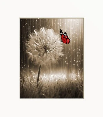 Dandelion Butterfly Red Beige Bathroom or Bedroom Matted Wall Art Print - Image 1 of 4