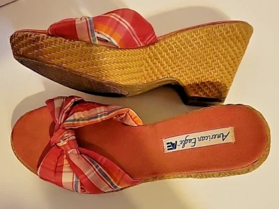 Vintage American Eagle  Women’s Size 8 Pink Plaid Fabric  Slip On Wedge Sandals - Image 1 of 4