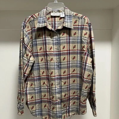 Blusa Lemon Grass Mujer Talla XL Tostada A Cuadros Manga Larga Botón Bordado Rosas Foto 1 de 4