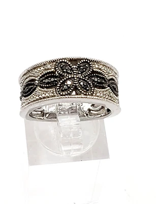 Anillo con banda eduardiana de plata de ley 925 con diamantes negros Foto 1 de 4